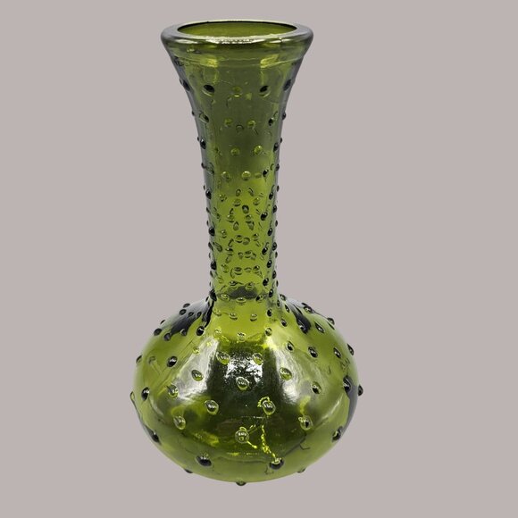 Vintage Green Hobnail Glass Bud Vase Italian Decanter Bubbles 7.5" Tall - Picture 7 of 9